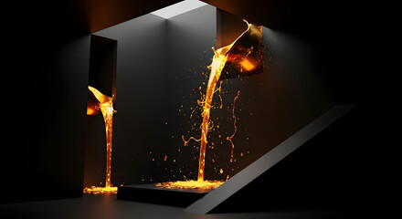 Orange and yellow flames glow in the dark fireplace, casting a warm light with sparks burning bright against the black night