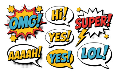 Collection of comic book style speech bubbles with exclamations and words
