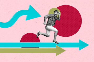 Collage of a delighted woman man jumping vibrant arrows shapes representing motivation success in...
