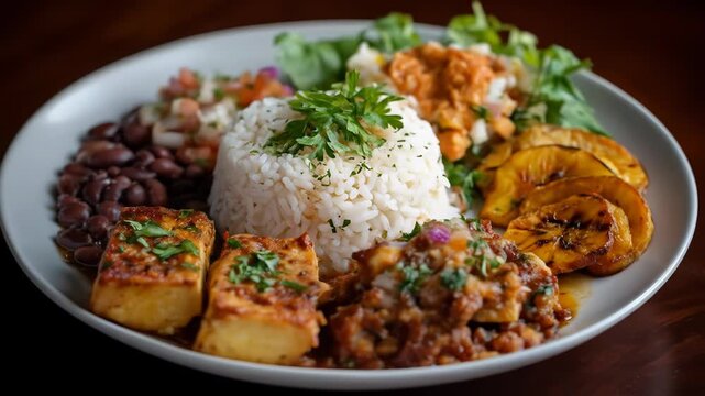 Costa Rican casado plated dinner on a dark surface