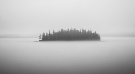 A grayscale, misty landscape featuring a small island with trees, isolated in a vast, tranquil lake.