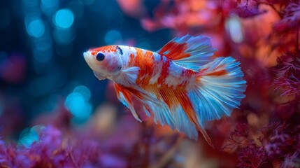 beautiful candy color male Siamese Fighting Fish or Betta fish swimming in beautiful scenery aquarium decorated with aquatic plants