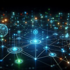 Fototapeta premium Artificial intelligence network. Abstract of a digital network illuminated by blue light, showing interconnected nodes and lines on a dark backgroun