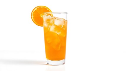 Clear glass filled with orange soda, bubbles and ice, perfect product advertising on a pure white studio background