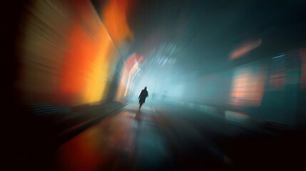 Fototapeta premium A person walking through a vibrant, misty tunnel.