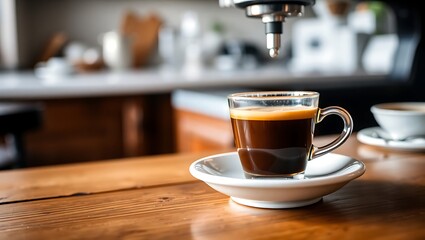 Close-up of a freshly pulled espresso shot in a small white porcelain cup on a saucer, sitting on a rustic wooden café counter, soft morning light, shallow depth of field