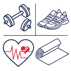 Dumbbells, shoes, mat, and heart rate monitor represent fitness