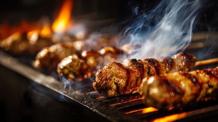close up grilled sausage on rack with flame and smoke at backyard garden