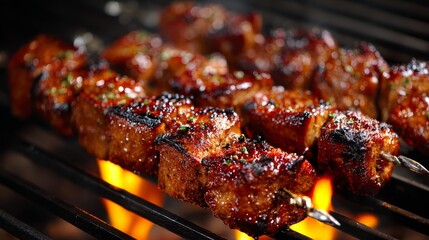 close up Japanese style chicken skewers Yakitori on grill rack with flame and smoke