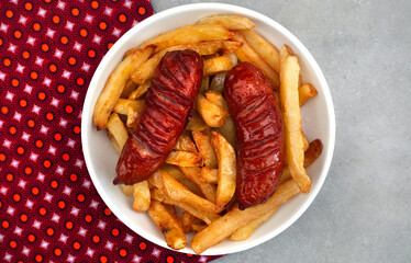 top down of South African chips and Russian sausage