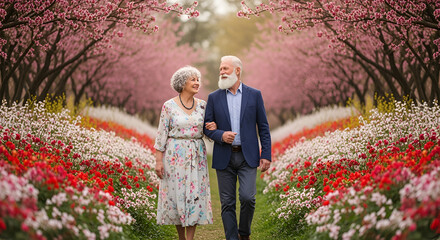 An elderly couple strolling through a vibrant flower garden during springtime bliss
