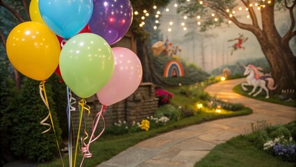 Colorful balloons float beside a whimsical, fairy-tale themed garden path with glowing lights, a unicorn, and playful decorations.