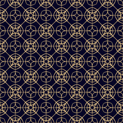 Gold and black vector linear ornament. Abstract geometric seamless pattern with lattice, grid, net, star shapes, diamonds. Simple luxury golden background texture. Elegant repeated all-over design