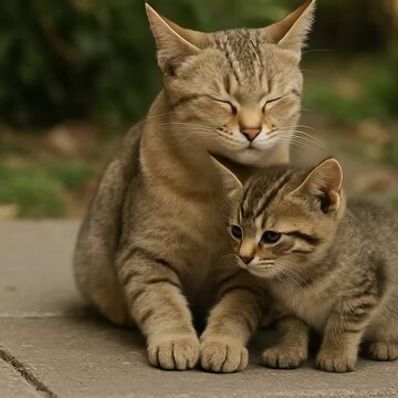 Mother Cat and Kitten Resting Together