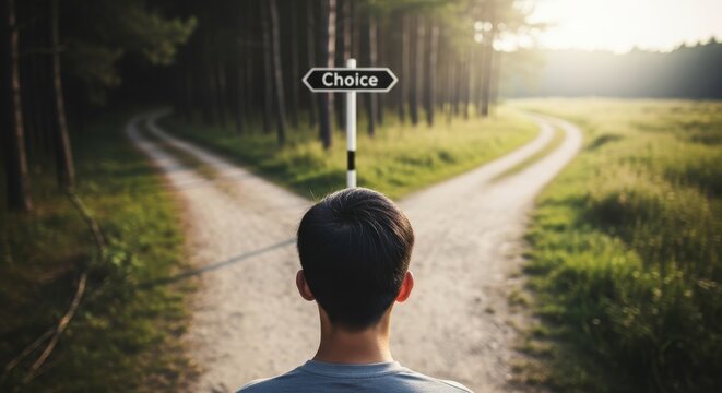 Person at a crossroads with a sign the reads choice, dramatic decision making