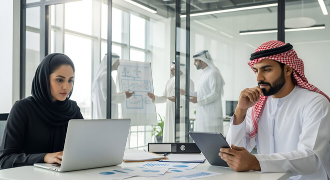 Arab Business Professionals Collaborate on Projects in Modern Office Environment