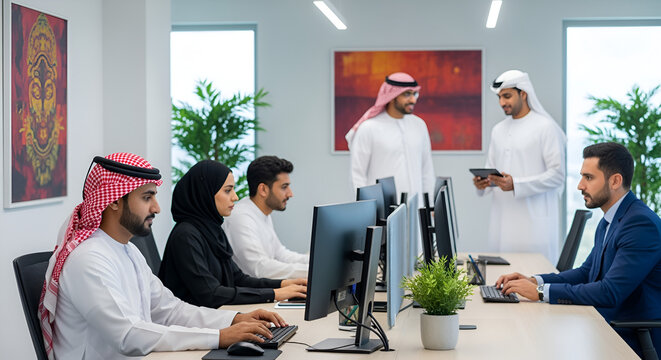 Arab business professionals collaborating in a modern office setting discussing their project - Powered by Adobe