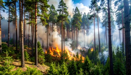 Forest fire, flames, trees, smoke, landscape