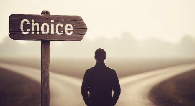 Person at a crossroads with a sign the reads choice, dramatic decision making