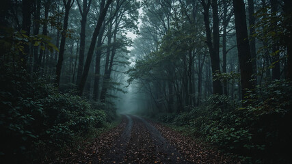 Fototapeta premium Fog entering mysterious forest road creating eerie atmosphere
