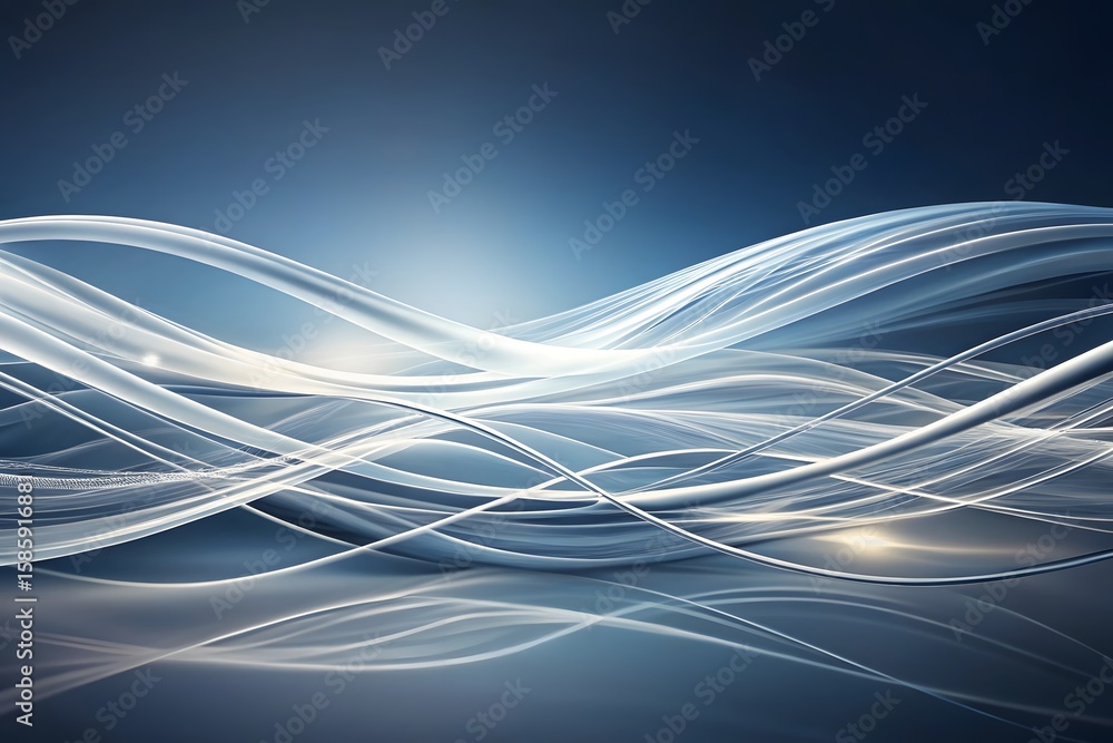 Poster abstract flowing lines of light in shades of white and silver create a dynamic, futuristic wave patt