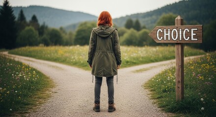 Person at a crossroads with a sign the reads choice, dramatic decision making