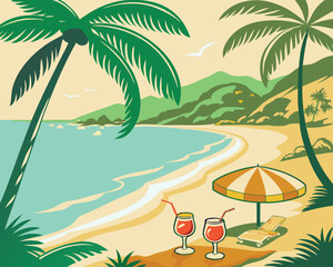Obraz premium Tropical beach vacation with palm trees and cocktails. Pop-art vector, bold saturated colors, high-contrast shading, and a retro poster-inspired composition
