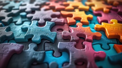 A close-up of colorful, textured puzzle pieces interlocked at various angles. The shallow depth of field highlights the intricate details and carvings on the pieces, creating a complex, 3D landscape