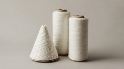 Three spools of white fiberglass yarn including two cone shaped spools and one cylindrical spool set against a plain gray background