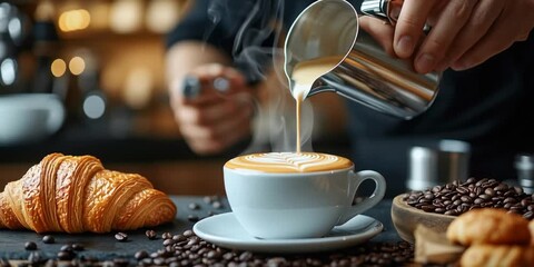 Barista pouring latte art into coffee cup with croissant and beans