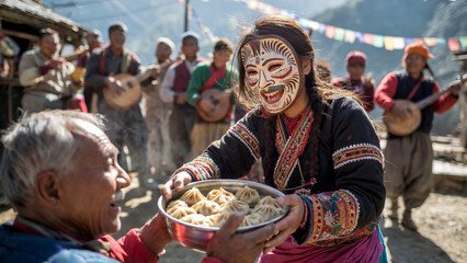 A vibrant cultural photograph of a masked woman offering food to an elderly man during a lively outdoor celebration with traditional musicians.