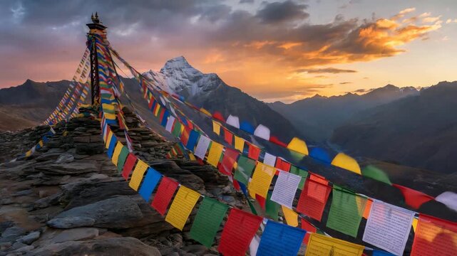 Prayer flags under the snowy mountains in Tibet [4K]