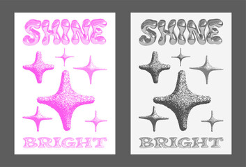 Shine Bright Y2k Poster Vector Design. Cool Stars Dotted Sparkle Shapes. Abstract Bitmap Halftone Sparkling.