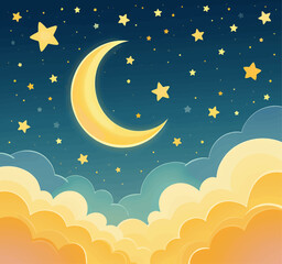 Naklejka premium Dreamy Night Sky with Crescent Moon and Stars