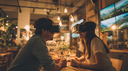 VR Date Night: A couple experience immersive technology in a restaurant, wearing VR headsets to explore a virtual world while still connecting over a real date.