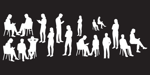 set of sitting people man woman silhouette vector on white background