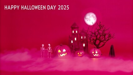 Happy Halloween Day 2025: Pink Night Spooky Scene with Skeletons, Pumpkins, and Castle