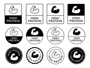 Set Of High Protein Label Signs Vector Design. Fitness Product Badge. Muscle Icon.