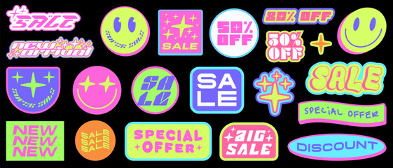 Set OF Y2k Sale Stickers Pop Art Design. Collection Of Cool Funky Promo Patches.