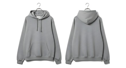 Gray hoodie on hanger, front and back view isolated on white