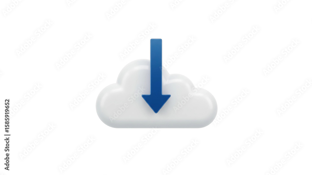 Poster white cloud with blue arrow pointing down representing cloud data downloading concept