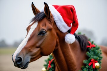 A close-up portrait of a horse wearing a red Santa hat and a wreath with bells and red ribbons around its neck. The horse looks calm and festive