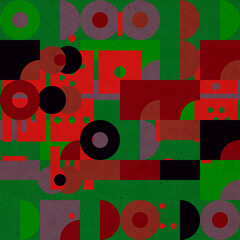 Obraz premium Brutalist Color Blocks. Heavy, overlapping blocks in red, green, and purple dominate a field of half-circles and dots. A brutalist-inspired abstraction with strong contrast.