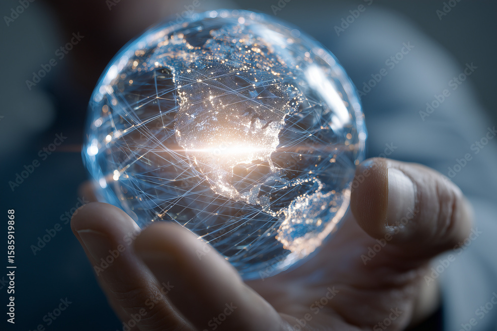 Poster global connectivity: a person cradles a glowing orb representing the interconnectedness of the world