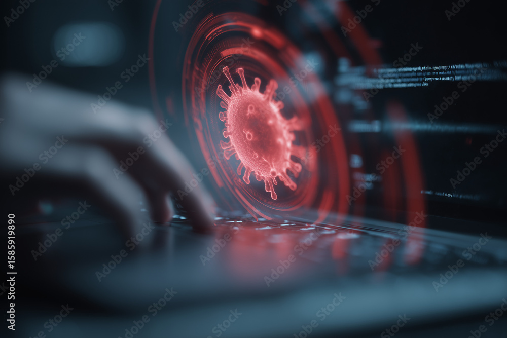 Poster cyber pandemic: a detailed depiction of the digital world, where a computer user navigates the threa