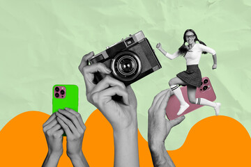 Banner 3d image pop full collage of happy girl guy sit hands hold retro camera shooting modern...