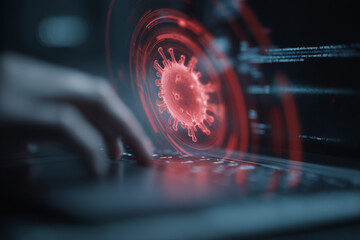 Cyber Pandemic: A detailed depiction of the digital world, where a computer user navigates the threat of a deadly virus, visualized through an eye-catching red interface.