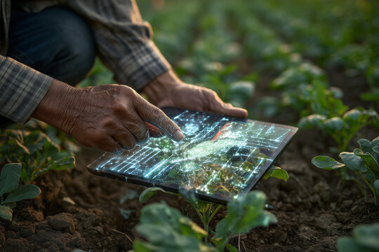 Modern Farmer: An agriculturist utilizes a digital tablet to enhance crop management amidst a backdrop of verdant fields.