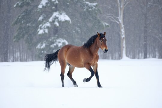 A horse dashes through a snowy field as big snowflakes fall thickly. Snow rests on the branches of nearby trees, creating a quiet winter scene - Powered by Adobe