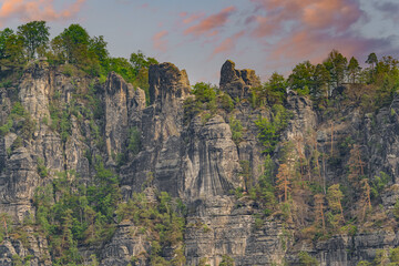 Fototapeta premium Elbe Sandstone Mountains Location Saxon Switzerland Bastei Bridge Barbarine Königstein Fortress Herkules Pillars germany lilienstein popes stone